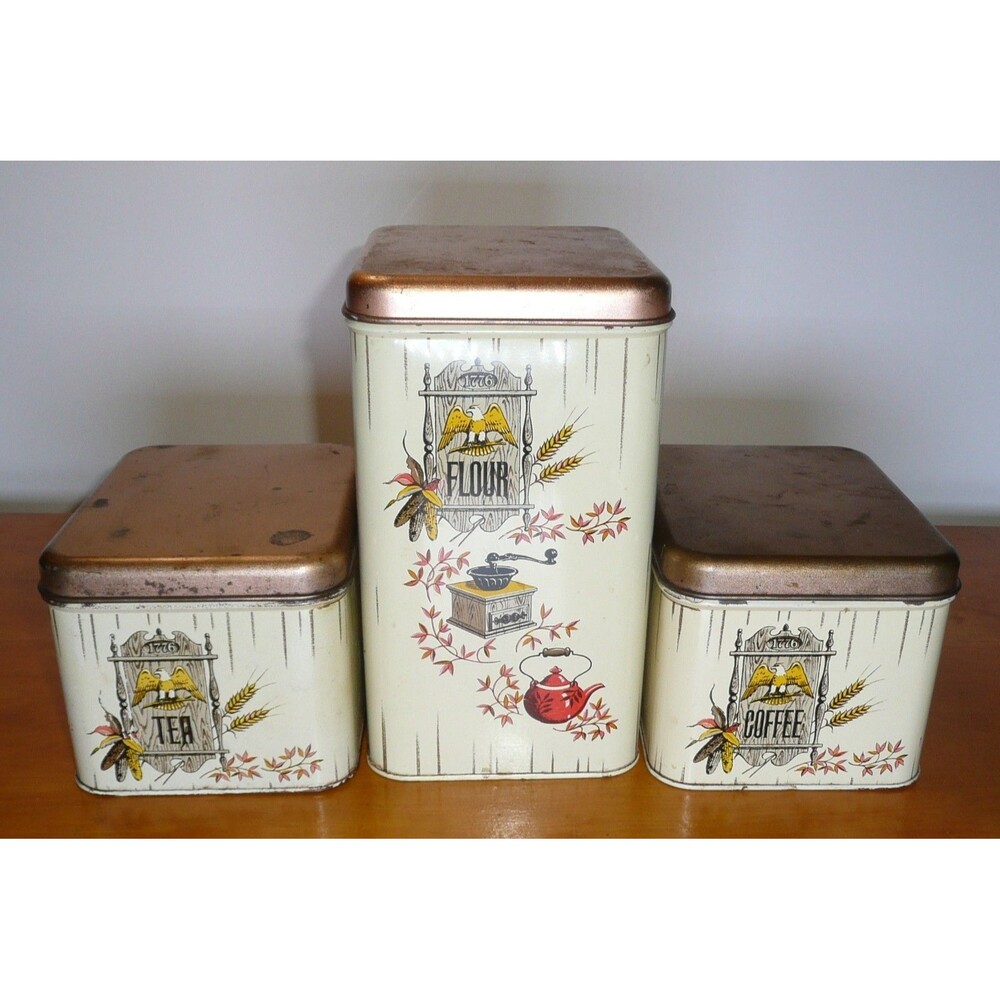 Vintage Cheinco Kitchen Eagle Canisters 3 Tin Set - Coffee Flour Tea 70's Kitche